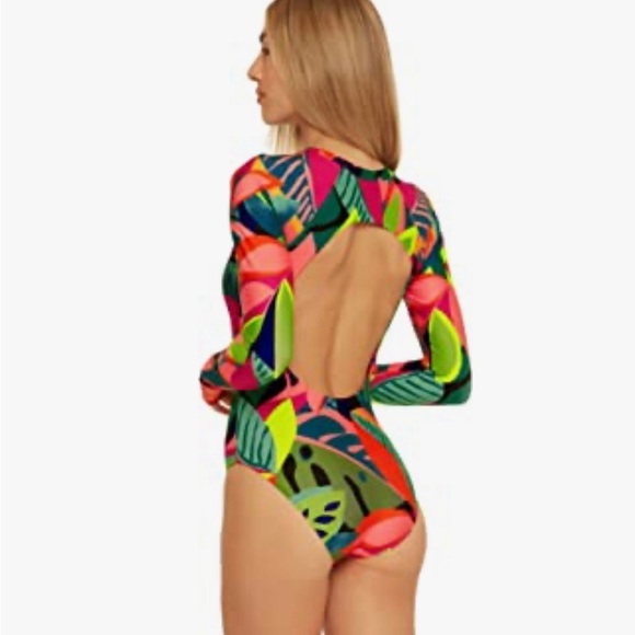 Trina Turk Rainforest Open Back Paddlesuit Rashguard Long Sleeved Swimsuit 1 Pc - Picture 6 of 8